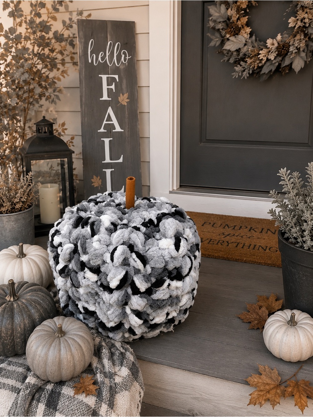 Handmade Chunky Crochet Pumpkin Gray Black White Neutral Fall Decor